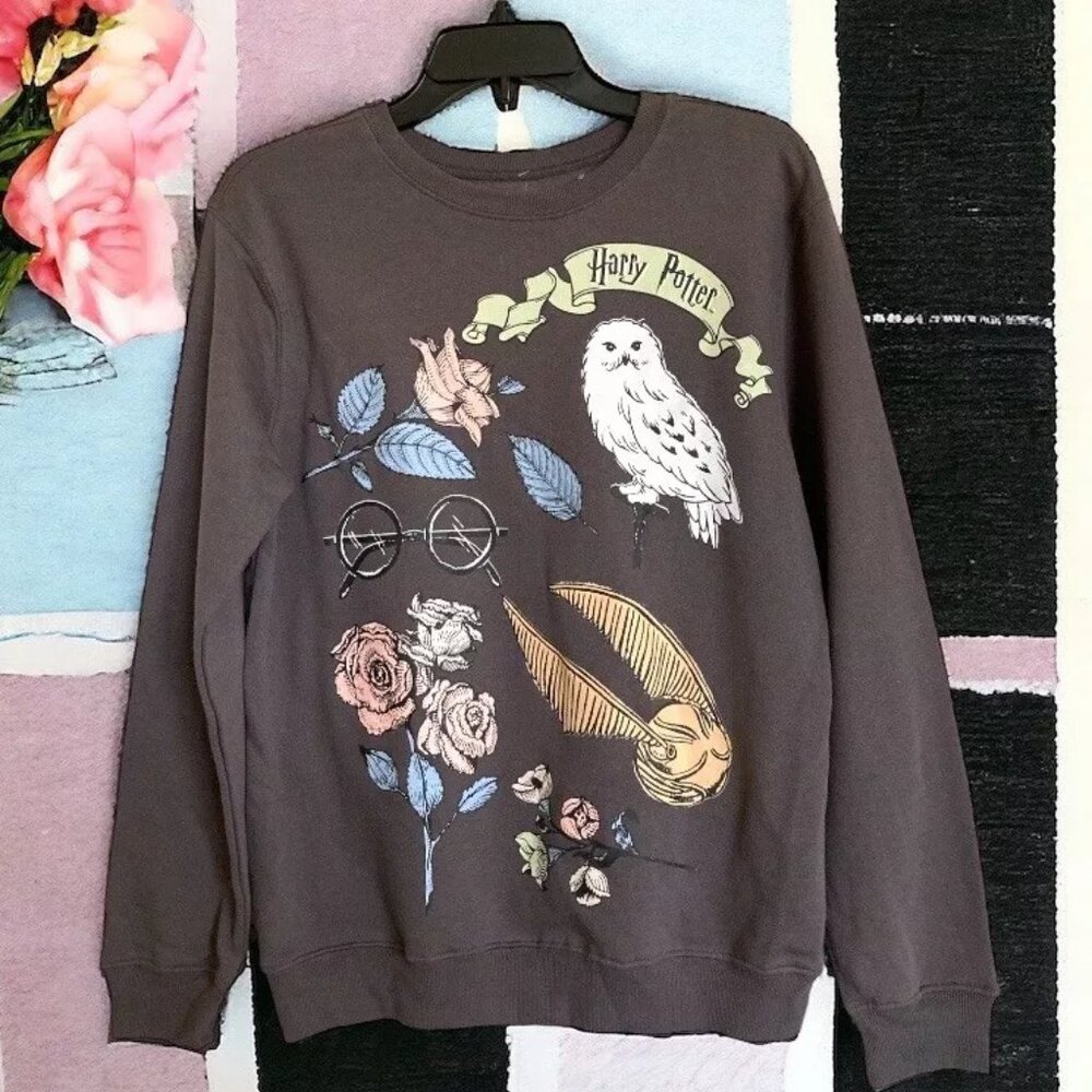 New Women's Medium Harry Potter Sweatshirt Pavement Brown Owl Glasses Graphic